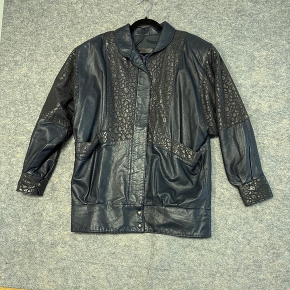 Vtg Oscar Leopold Deep Navy Animal Print Panels Retro Genuine Leather Jacket P/S - Picture 10 of 11